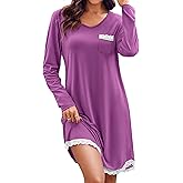 Ekouaer Womens Long Sleeve Nightgowns V Neck Sleepshirts Lace Nightshirts Casual T-shirt Sleep Dress with Pocket