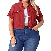 Agnes Orinda Plus Size Denim Jacket for Women Short Sleeves Button Down Cropped Jean Jackets