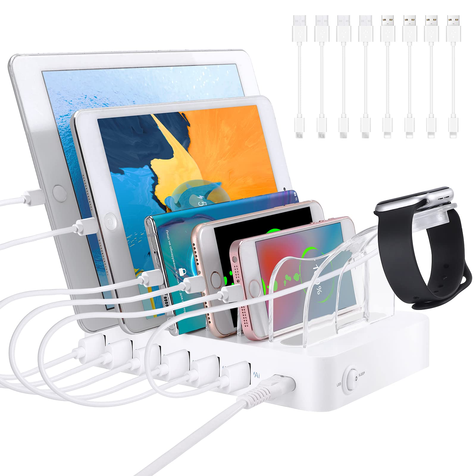 PRITEK Charging Station with 8pcs Short Charge Cables, 60W 6 Ports USB Charger Station Desktop Organizer Charging Dock Compatible for Phone Tablet Multiple Electronic Devices (White)