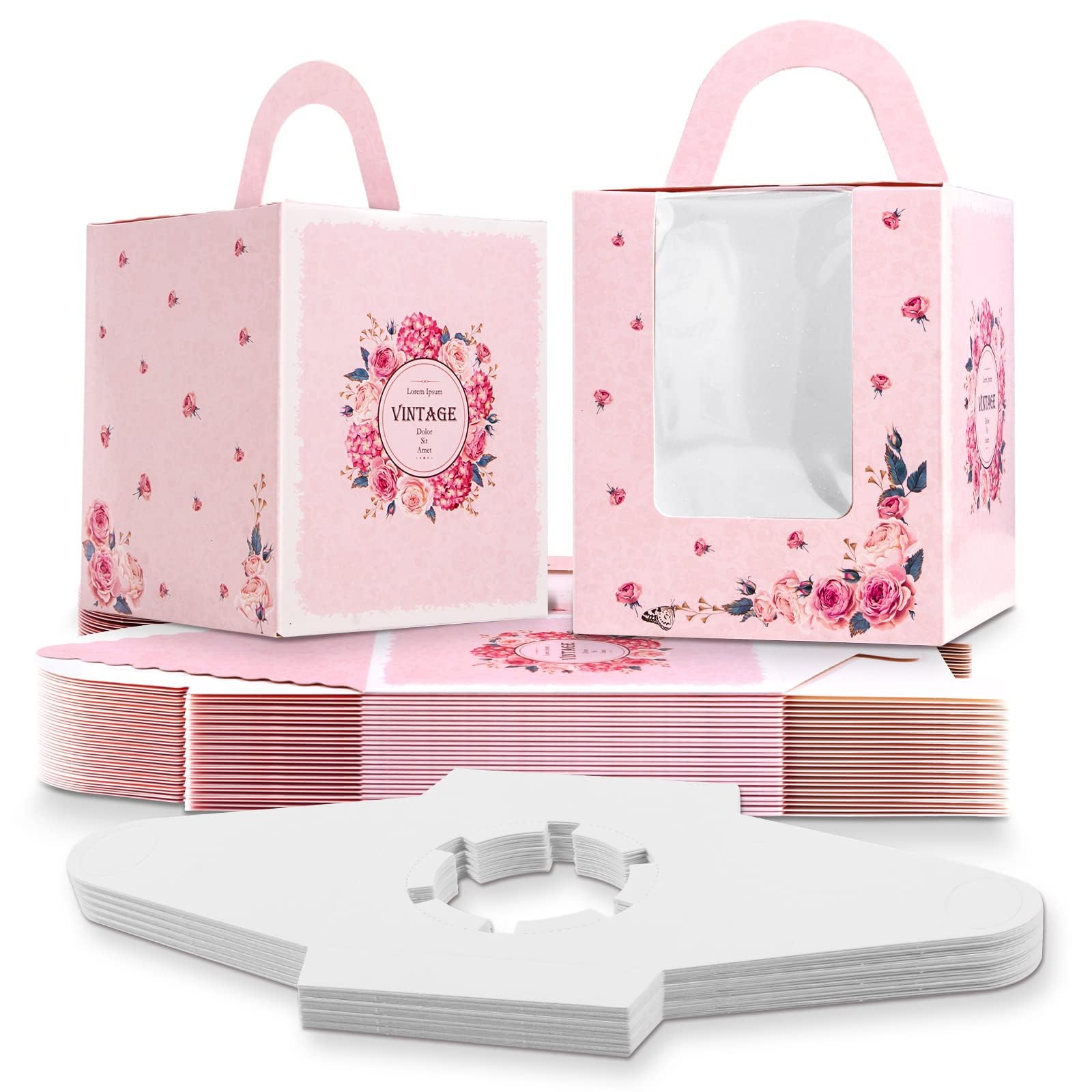 Sandiyago 25 Pcs Single Cupcake Boxes, Individual Cake Boxes with Window, Cupcake Carrier with Inserts, Bakery Boxes with Handle, for Baby Showers, Weddings, Birthday Parties
