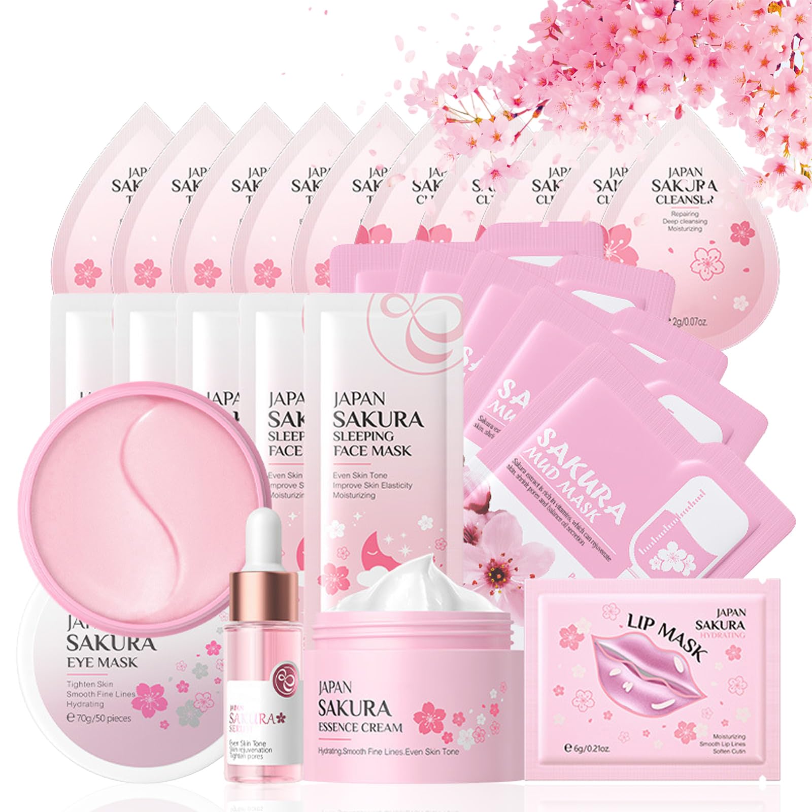 Skin Care Sets & Kits, 24PC Cherry Blossom Skincare Set Skin Care for Teenage Girls, Pamper Sets for Women with Face Cream,Face Serum,Lip Mask,Sleep Mask,Eye Mask,Mud Mask,Cleanser