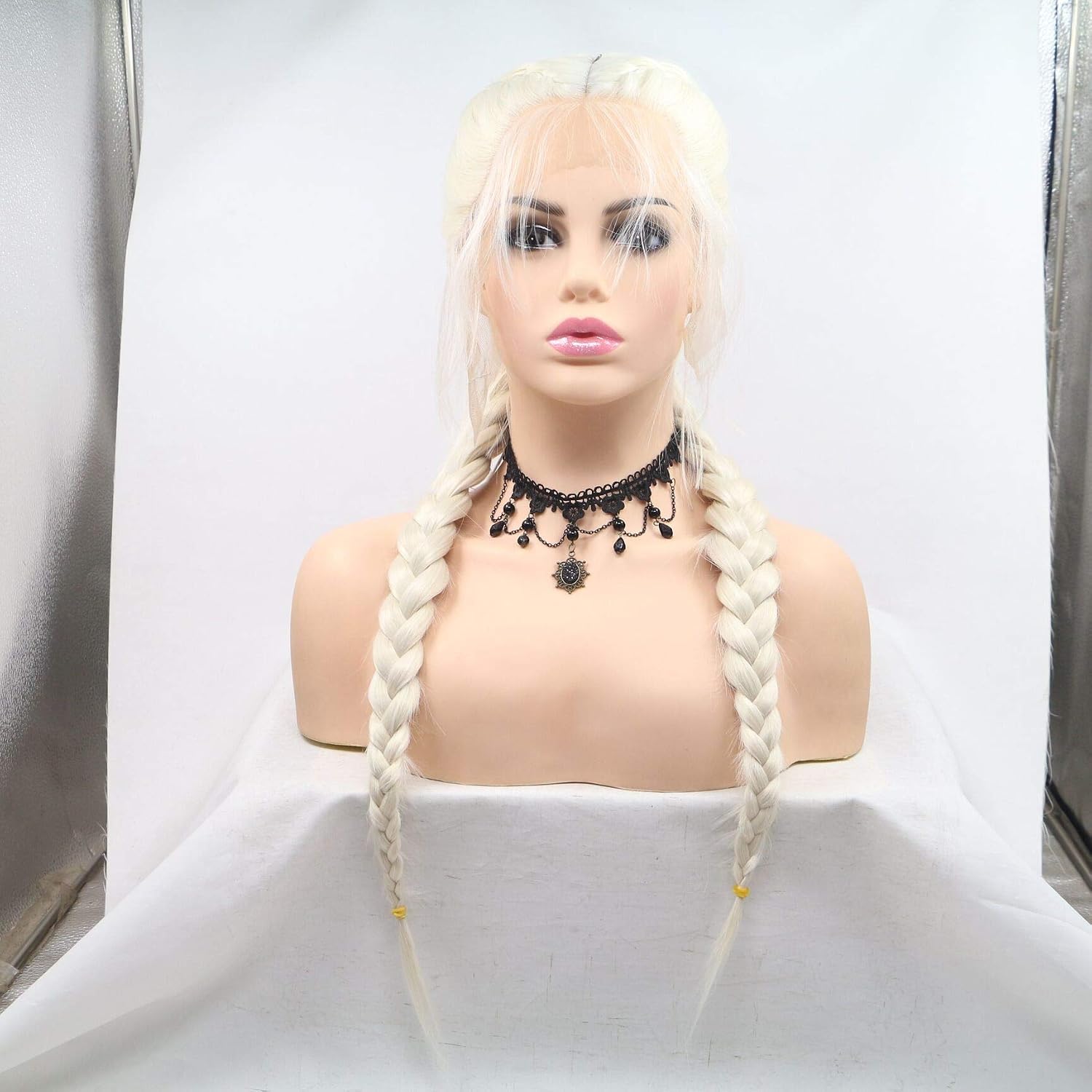 White Blonde Double Braids Synthetic Wigs For Women Handmade Braided All Middle Part Lace Front Wigs With Baby Hair For Drag Queen Makeup Long Heat Resistant 60# Ice Blonde 24" Wigs