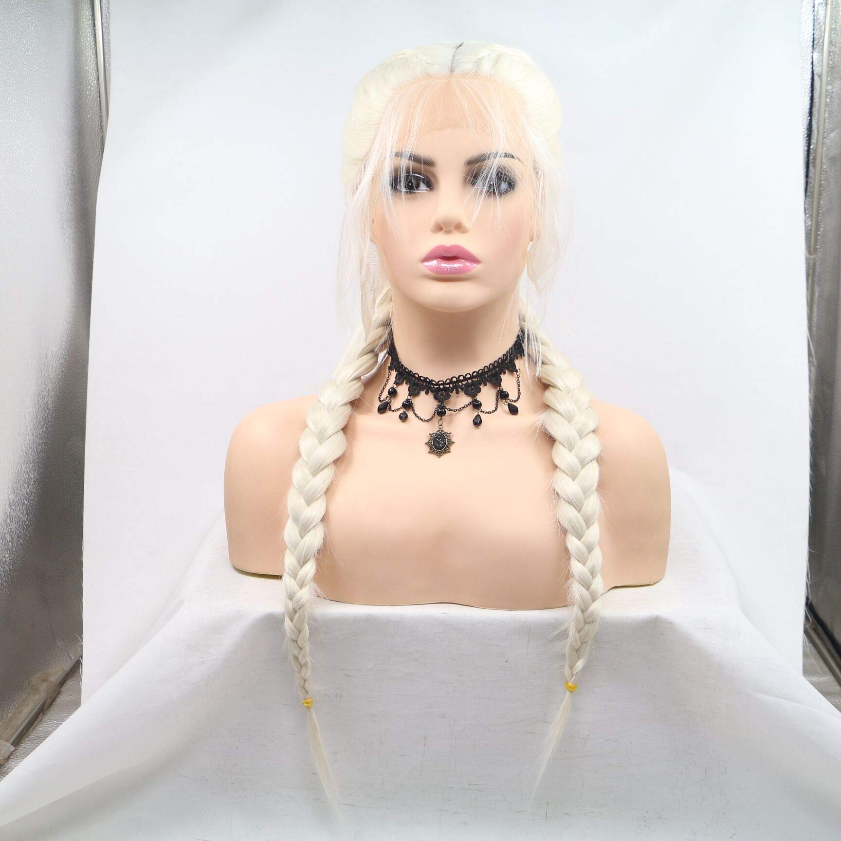 White Blonde Double Braids Synthetic Wigs For Women Handmade Braided All Middle Part Lace Front Wigs With Baby Hair For Drag Queen Makeup Long Heat Resistant 60# Ice Blonde 24" Wigs