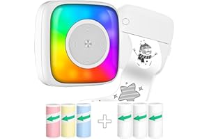 LEBT Mini Printer Sticker Printer Print Pod with 6 Rolls Sticker Paper, Seven Color Lighting Modes for DIY Scrapbook, Travel, Notes, Label, Memo, Compatible with iOS&Android