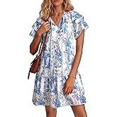 Dokotoo Womens Summer Dresses 2026 Boho Floral V Neck Drawstring Ruffle Short Sleeve Casual A-Line Swing Mini Dress Sundress