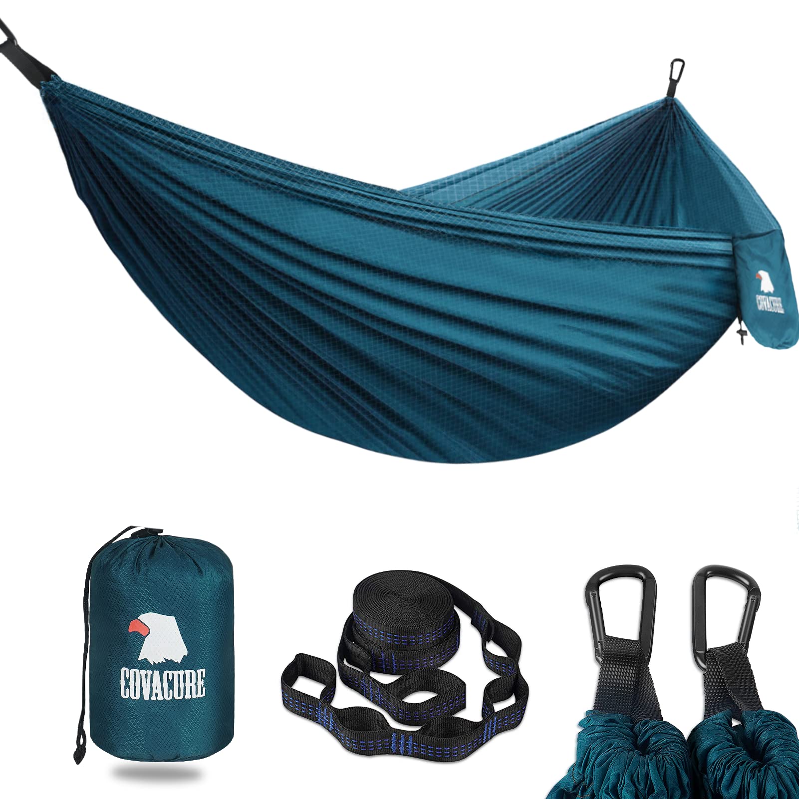 COVACURE Camping Hammock - 270 * 150cm Ultralight 70-Denier Durable & Breathable Nylon Travel Hammocks with Two 10FT Tree Straps for Outdoor Camping Accessories (Blue)