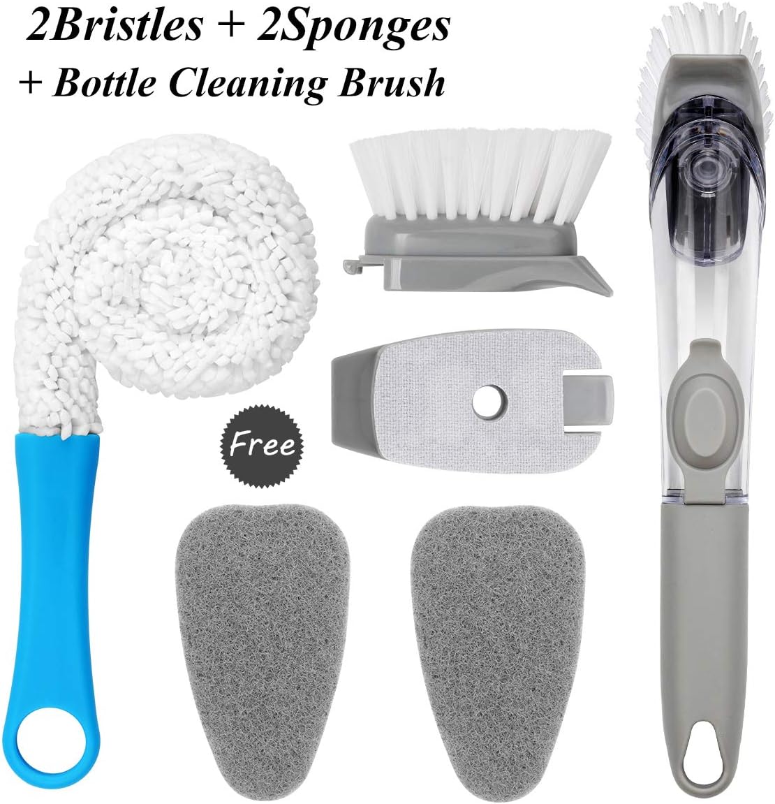 Dish Brush with Soap Dispenser (New Upgrade 2019) Kitchen Sink Scrubber with Replacement Head (2 Bristles +2 Sponge Heads)