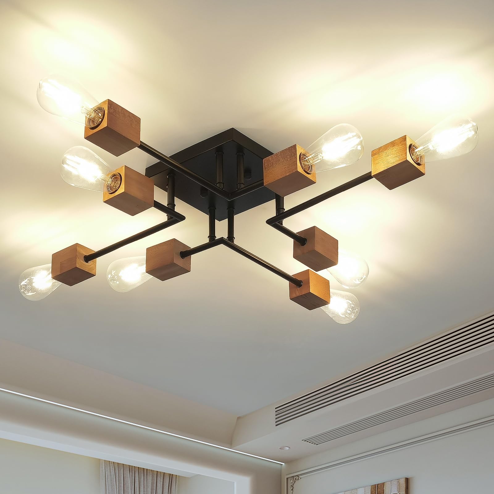 Photo 1 of 8-Light Modern Black and Wood Sputnik Chandelier Retro Matte Ceiling Light Fixture Boho Ceiling lamp for Kitchen Dining Room Living Room Bedroom Farmhouse