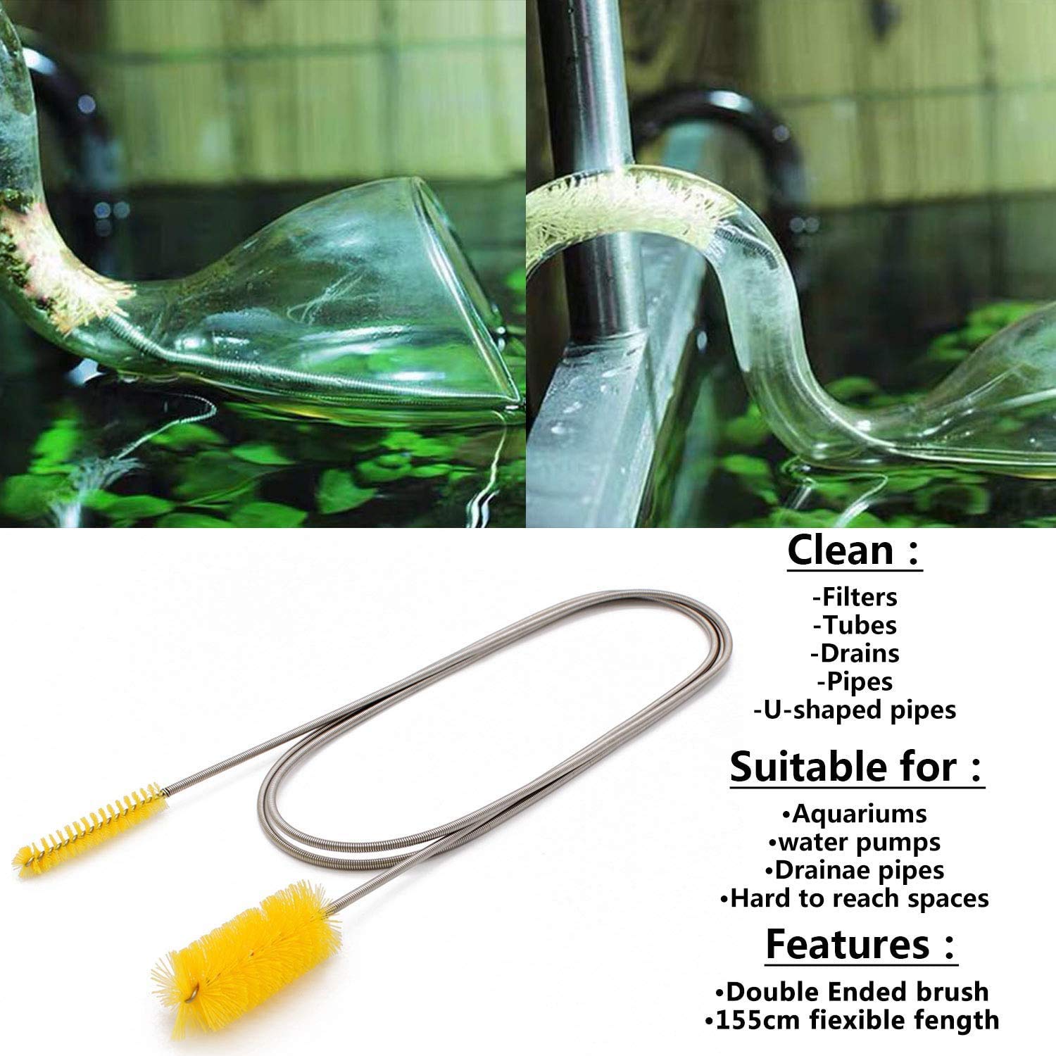 Flexible Drain Brush，Nylon Cleaner Double Ended Elastic Hose Pipe 67-inch and 2 PCS 8.2-inch Straw Cleaning Brush
