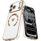 L-FADNUT Magnetic Case for iPhone 17 Pro Women Girls Luxury Plating Cute Love Heart Soft Back Cover Full Camera Lens Protection Compabtible with MagSafe for iPhone 17 Pro Case White