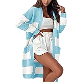 UANEO Women's Cardigans Contrasting Color Striped Open Front Knit Long Sleeves Cardigan Sweaters with Pockets