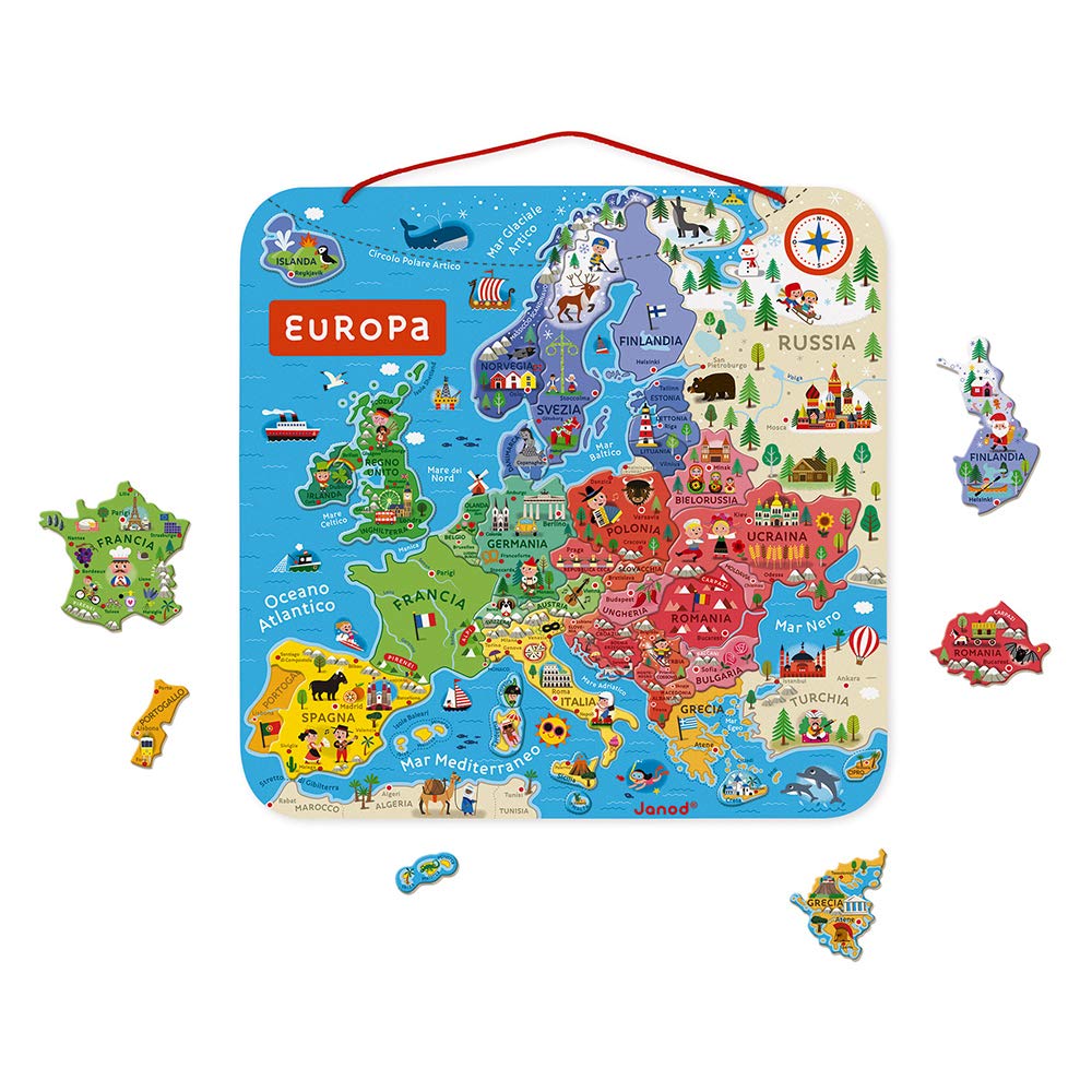 Janod - Wooden Magnetic Map of Europe Puzzle - 40 Magnetic Parts - 45 x 45 cm - Italian version - Educational game for children aged 7 and over - J05475