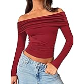 Trendy Queen Women Long Sleeve Shirts Off Shoulder Tops Going Out Crop Sexy Slim Fitted Y2K Fall Outfits 2026 Fashion Clothes