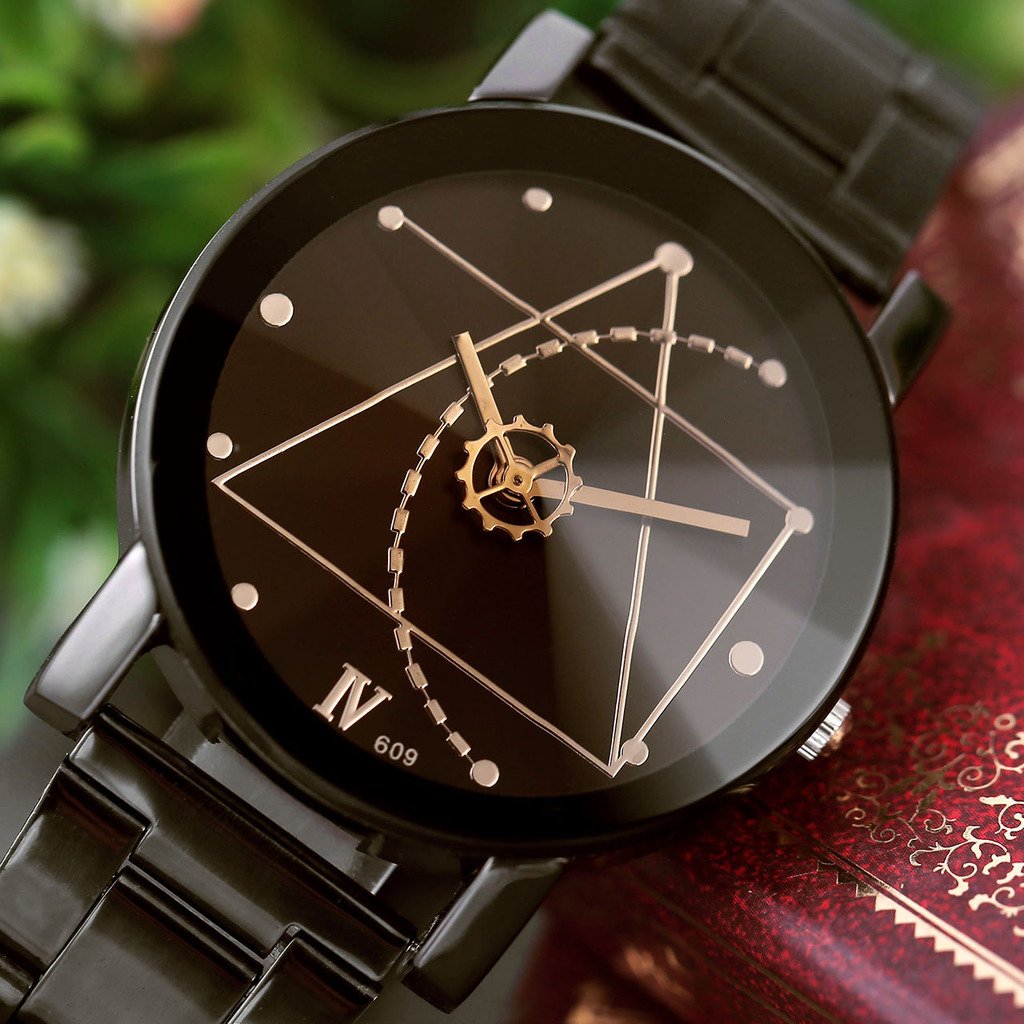 JSDDE unisexe Montre à Quartz Analog Bracelet classique Convexes noir motif géométrique engrenage secondes Cadran