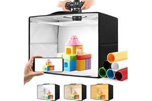 HELLOVETEE Photo Light Box, 16"x12"x12" Foldable Photography Light Box with CRI>95 120 Light Beads. Dimmable Shooting Tent Kit with White and Warm Light. 6 Color Backdrops Photo Booth for Studio Products Display