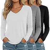 Ficerd 3 Pack Women's Long Sleeve Shirts, V Neck Cotton Blend Tops Loose Fit Casual T-Shirts Curved Hem Basic Layering Tees