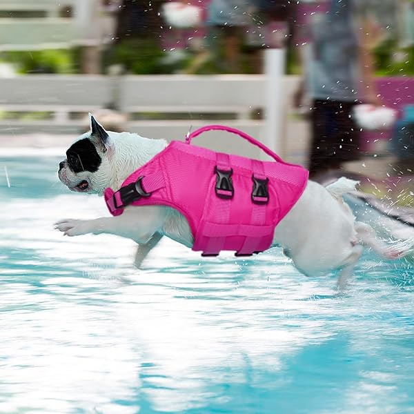 KUOSER DOG LIFE JACKET, XXL DOG LIFE VEST FOR SWIMMING BOATING, REFLECTIVE DOGGIE SWIMMING VEST PET SWIM PRESERVER WITH RESCUE HANDLE, ROSERED XXL