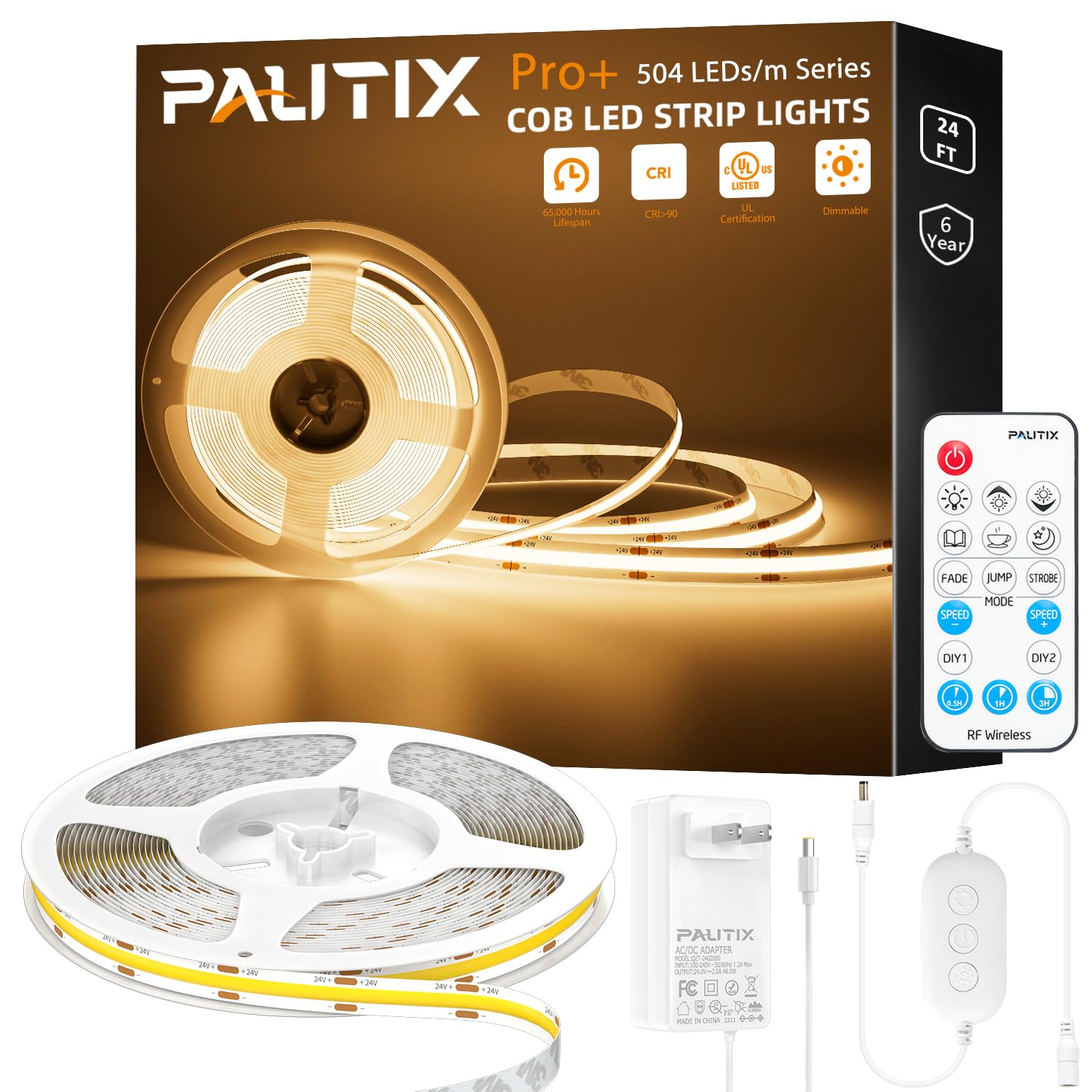 Photo 1 of PAUTIX COB LED Strip Light 3780LEDs,Super Bright 8000 Lumen 3000K Warm White 24ft/7.5m,Dimmable 24V LED Tape Light with 3M Tape,RF Remote with Timer Function,48W Adapter,for Bedroom,Home,Kitchen DIY