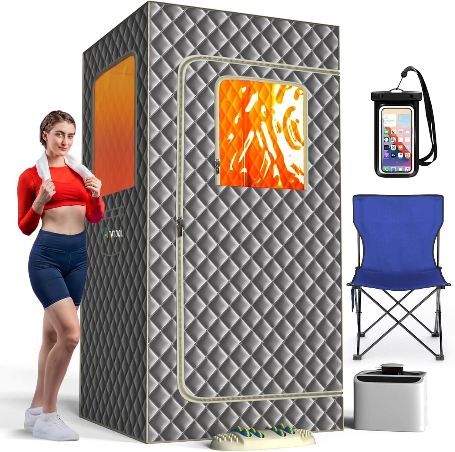 Photo 1 of Portable Home Steam Sauna Box, Full Size Personal Sauna Tent for Home Spa, Indoor Sauna Relaxation Kit with 2.6L & 1000 Watt Steam Generator, Remote Control, Foldable Chair, Foot Rest, Mat (Grey)