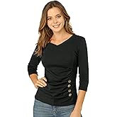 Allegra K Women's V Neck Tops 3/4 Sleeves Solid Knitted Buttons Decor Ruched Blouse