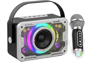 VANWIT Karaoke Machine, Wireless Karaoke Microphone with Disco Lights, Portable Bluetooth Speaker, Singing Machine with PA System for Adults Kids, Supports AUX/USB/TF for Home Party (Silver)