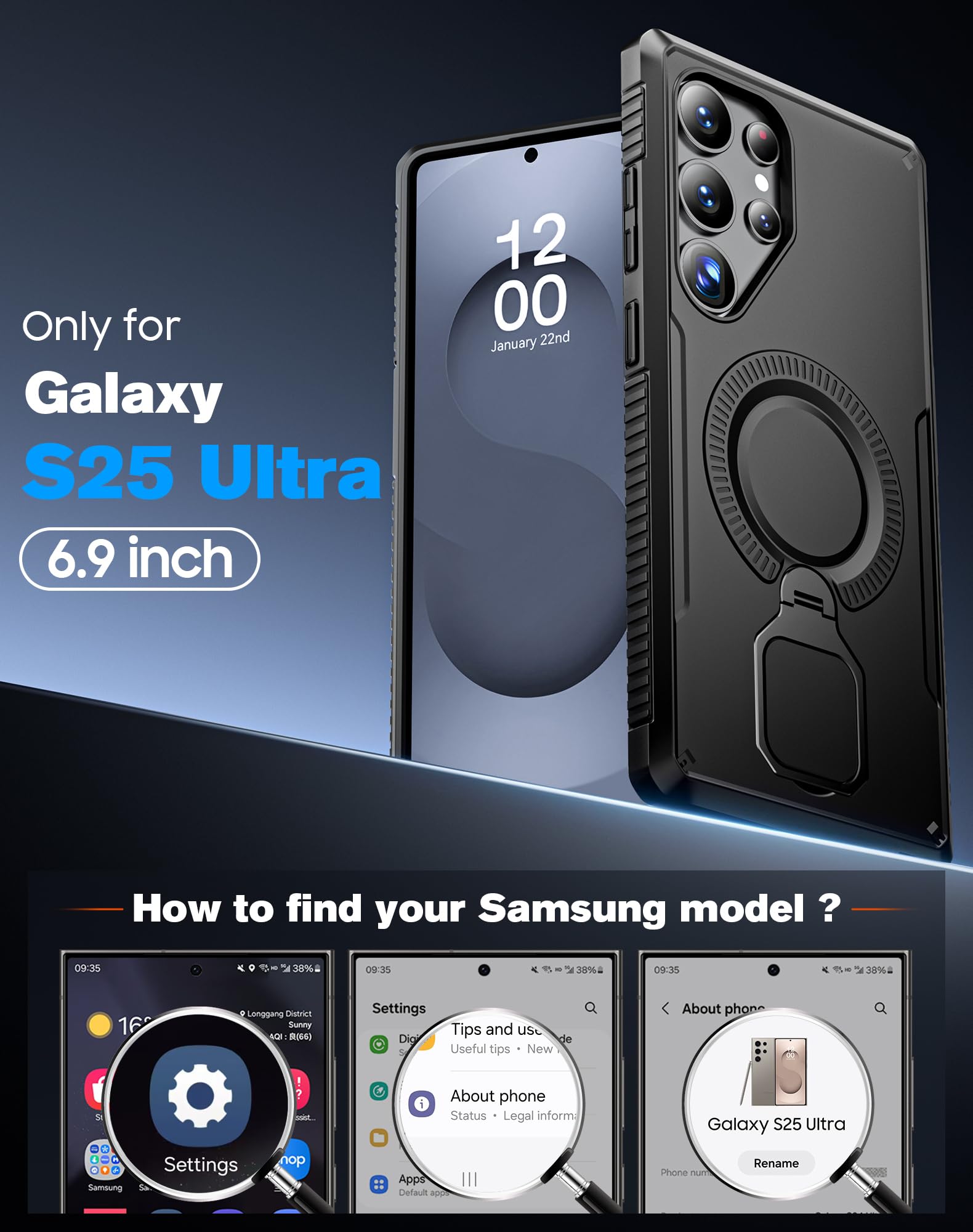 CENMASO Magnetic Case for Samsung Galaxy S25 Ultra with 360° Spin Stand, Compatible with Magsafe, Military Grade Protection, Shockproof Case for Galaxy S25 Ultra with Kickstand & Ring Stand, Black