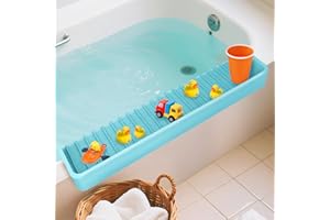 QURAS Bathtub Splash Guard for Kids – 31.5 Inch Silicone Water Guard with Suction Cups, Bath Toy Holder Surface Prevents Spills and Messy Floors (Baby Blue, 31.5 inch)