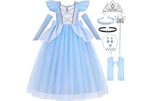 Luzlen Cinderella Costume for Girls Kids Blue Princess Dress with Accessories Halloween Birthday Party Outfits