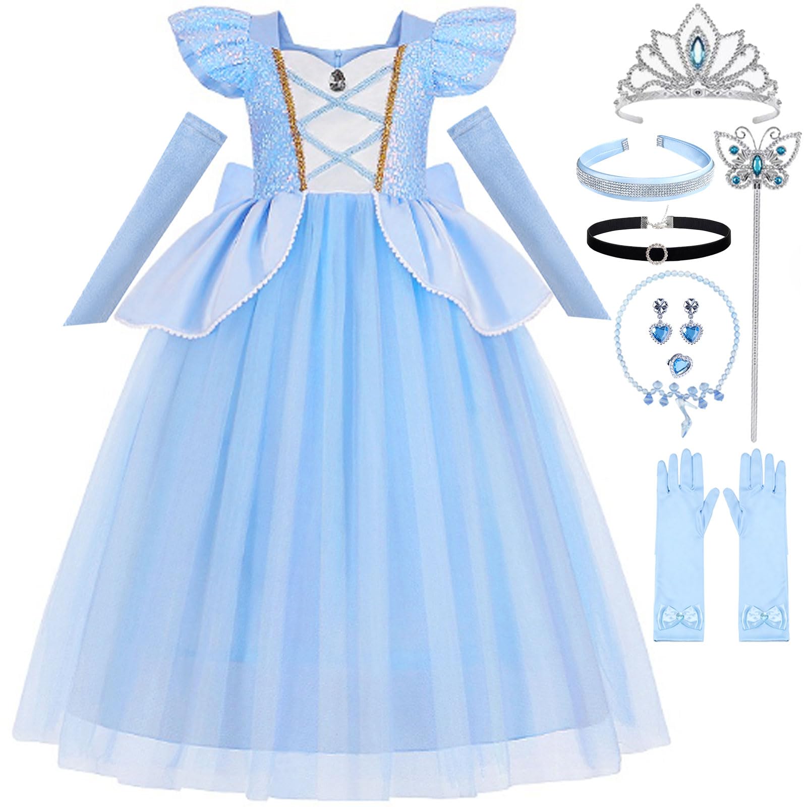 Luzlen Cinderella Costume for Girls Kids Blue Princess Dress with Accessories Halloween Birthday Party Outfits, 3-4T(Tag 110)