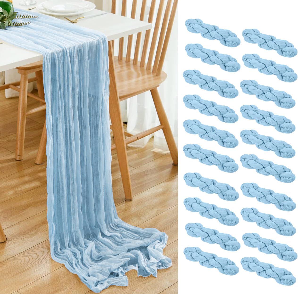 Photo 1 of 20 Pack Light Blue Cheesecloth Table Runner 17x108 Inch Boho Wrinkled Sheer Gauze Cheese Cloth Table Runner Bulk Decor for Wedding, Bridal Shower, Birthday Party