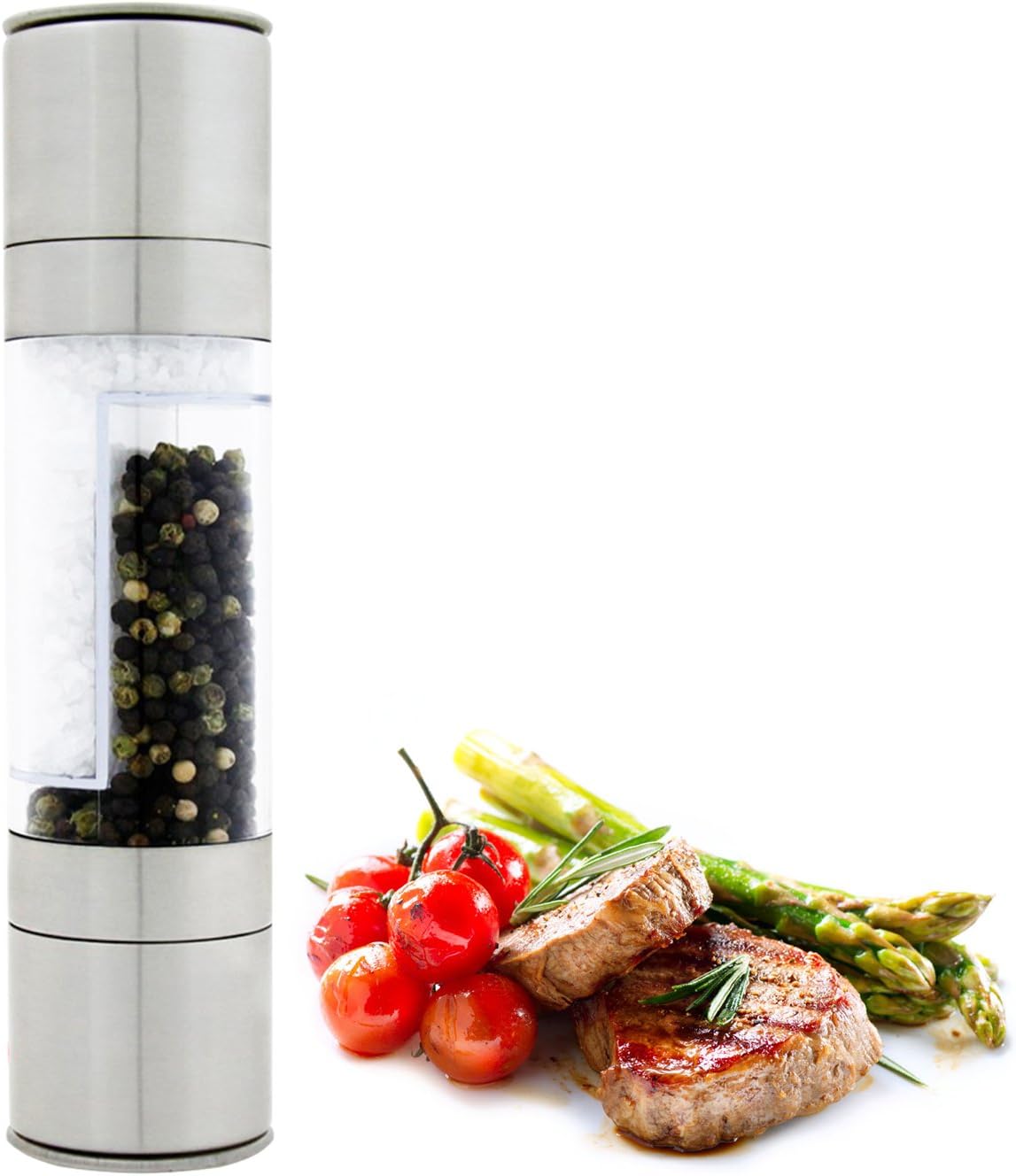 DualKitchenWare Salt & Pepper Grinder Set, 2 in 1 Durable Stainless Steel Body Adjustable Ceramic Grinding Mill