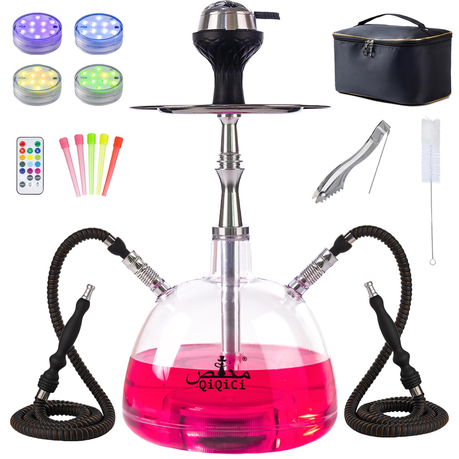 Photo 1 of QiQiCi Modern 2 Hose Acrylic Bubble Hookah – Complete Shisha Hookah Set, Magical Remote LED Lights, and Travel Case for an Enhanced Experience