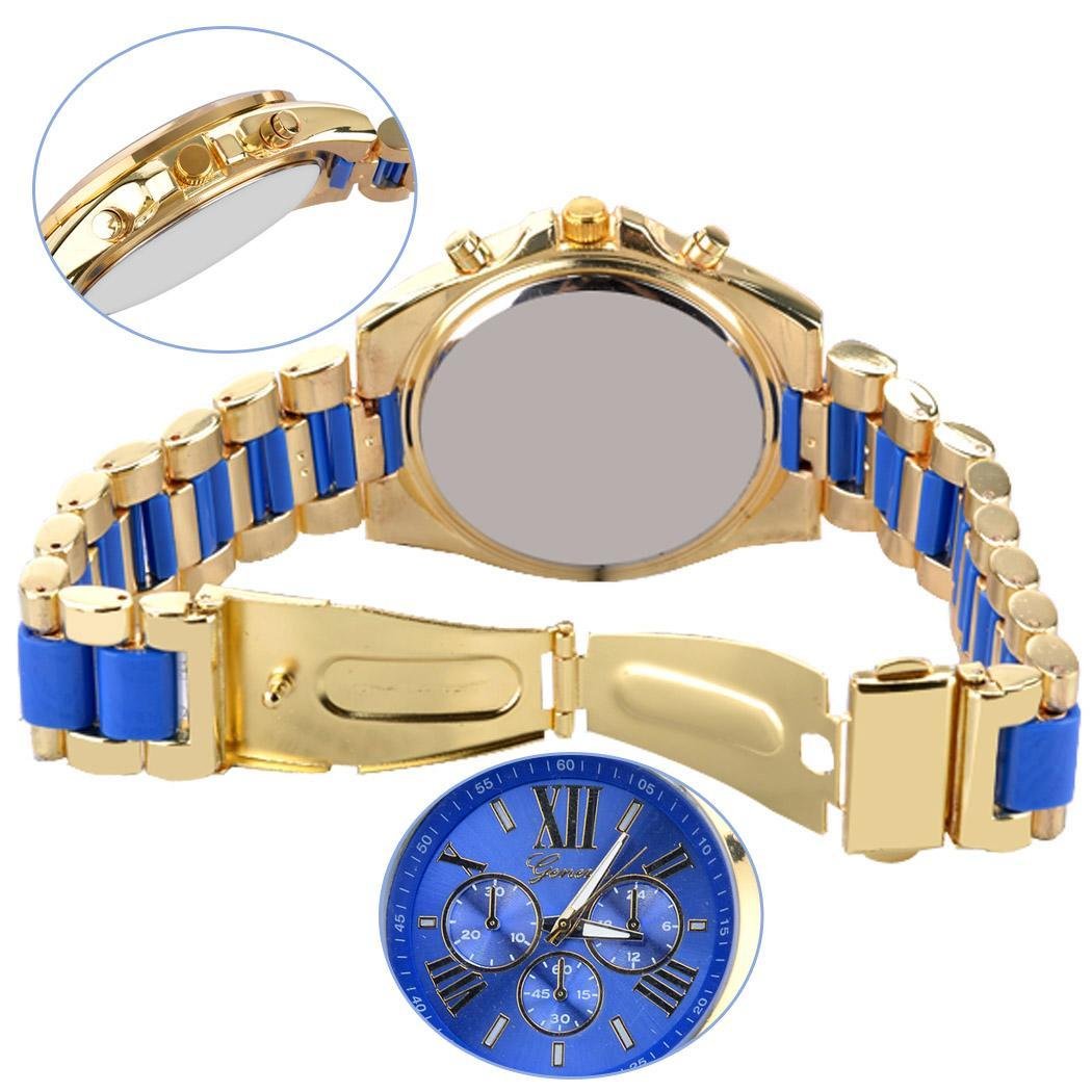 Cnlinkco Quartz Full Steel Watch Luxury Watches Casual Wrist Watch Gold Dial Alloy Watch for Men and Women (Blue)