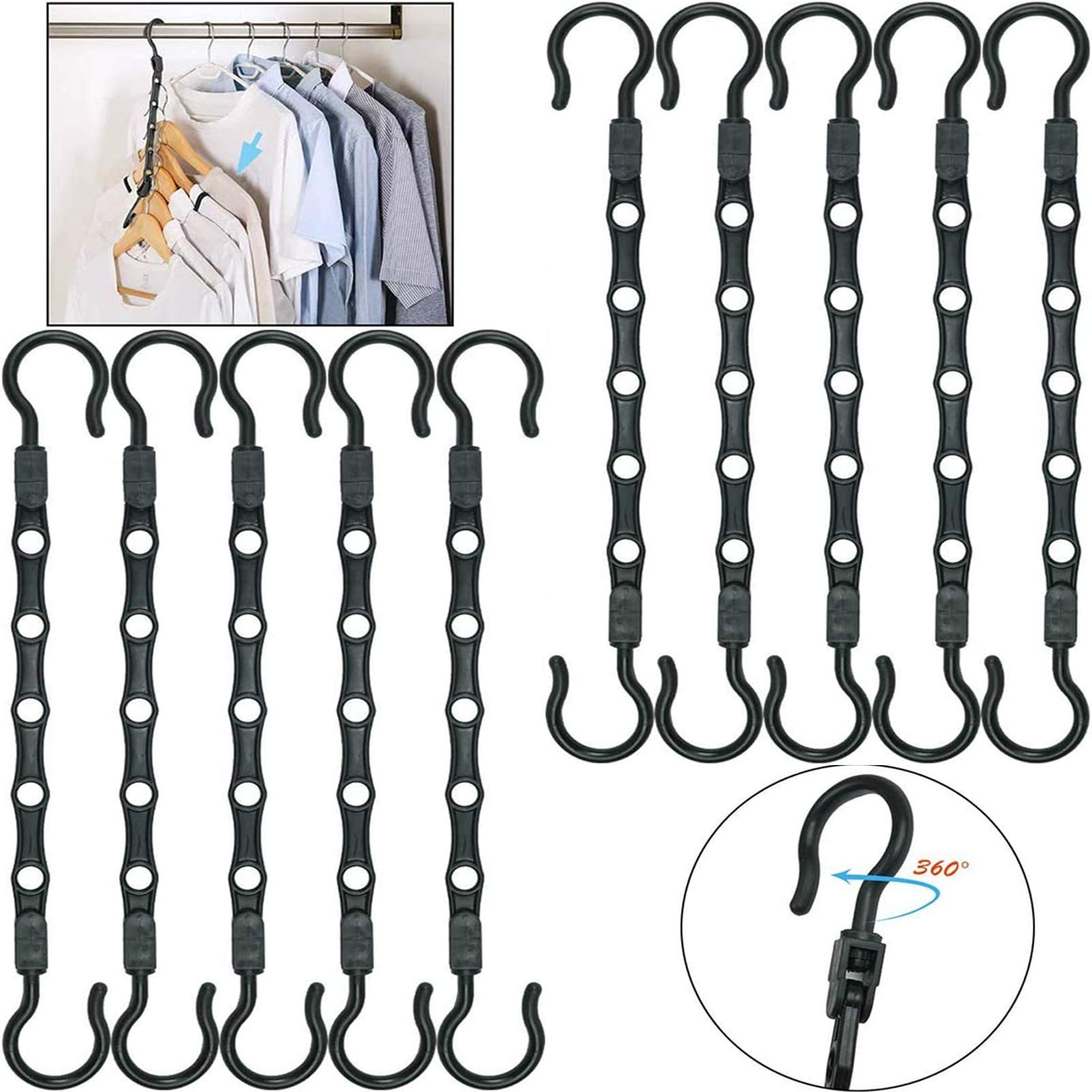 RedBee Magic Hangers 10 Pack Space Saving Clothes Hangers Organizer Closet Wardrobe Clothing Space Saver Sturdy for Heavy Clothes Multifunctional Hanging Amazing Multi Folding Hanger (Black, 10)