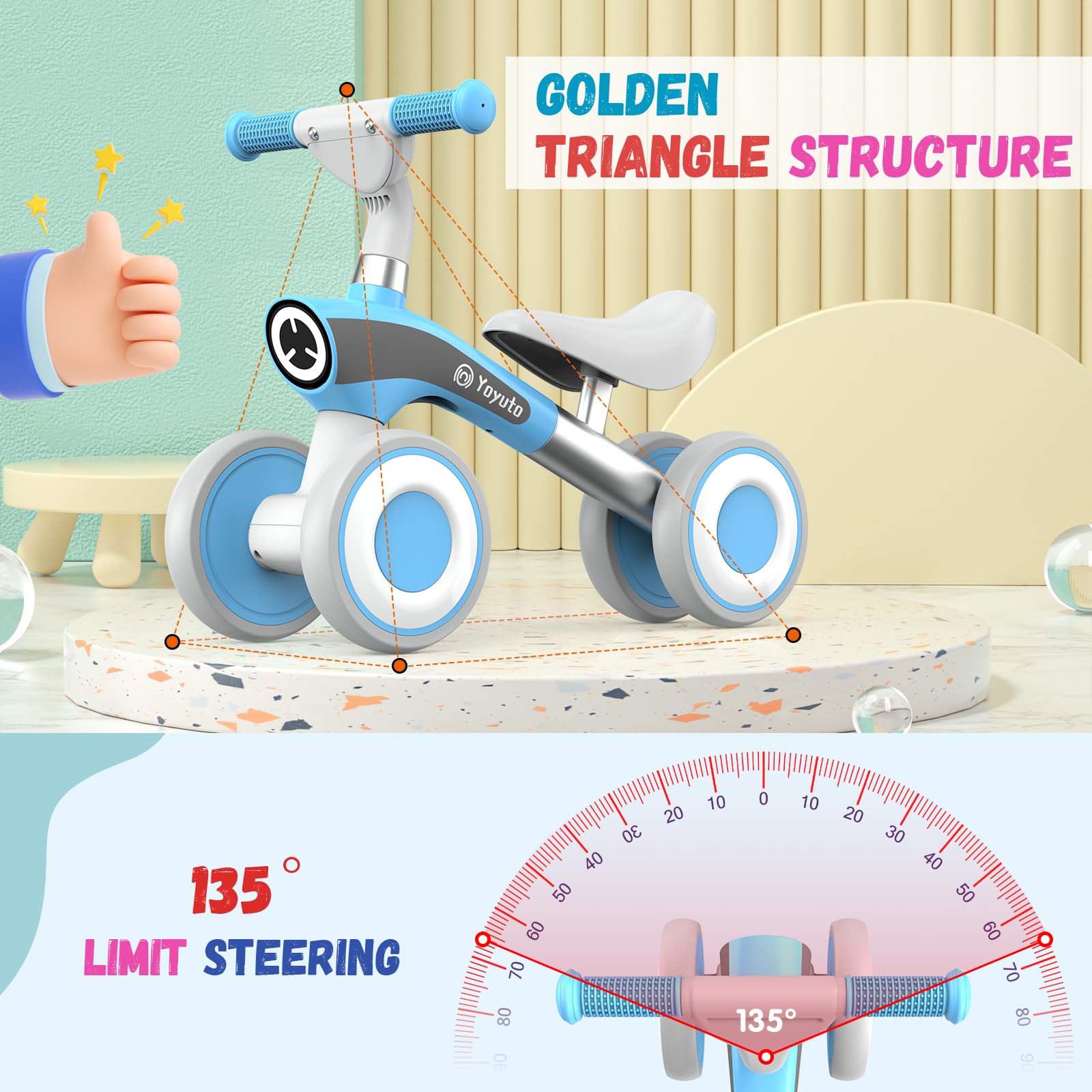 Yoyuto Baby Balance Bike for 1 Year Old Boys Girls 12-36 Month Toddler, 4 Silence Wheels Soft Seat Pre-School First Riding Toys Toddler First Birthday Gifts (Blue)