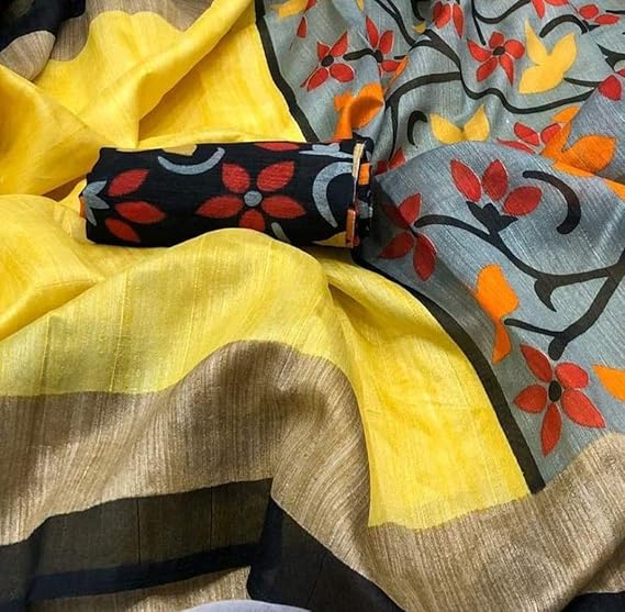 Women's Synthetic Cotton Saree with Blouse Piece (dff-766, Yellow)