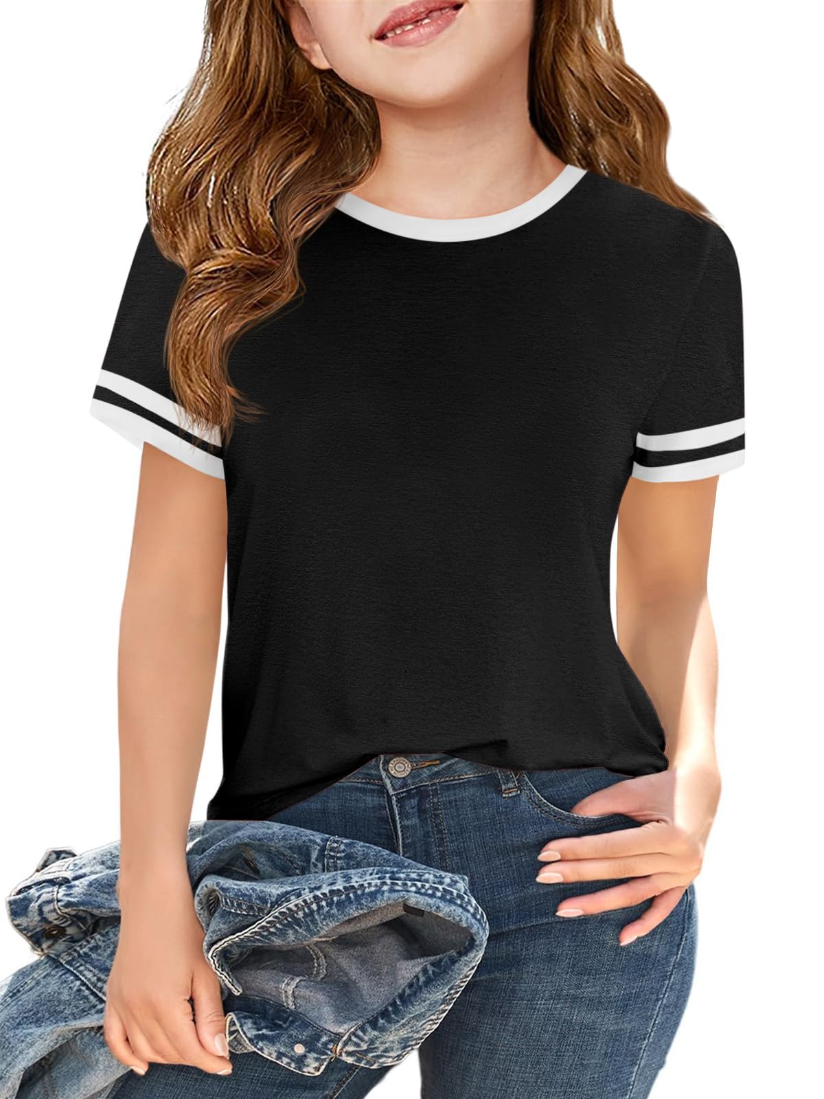 Photo 1 of Haloumoning Girls Short Sleeve T Shirts Kids Summer Crewneck Color Block Tops Fashion Tees 5-14 Years Black
