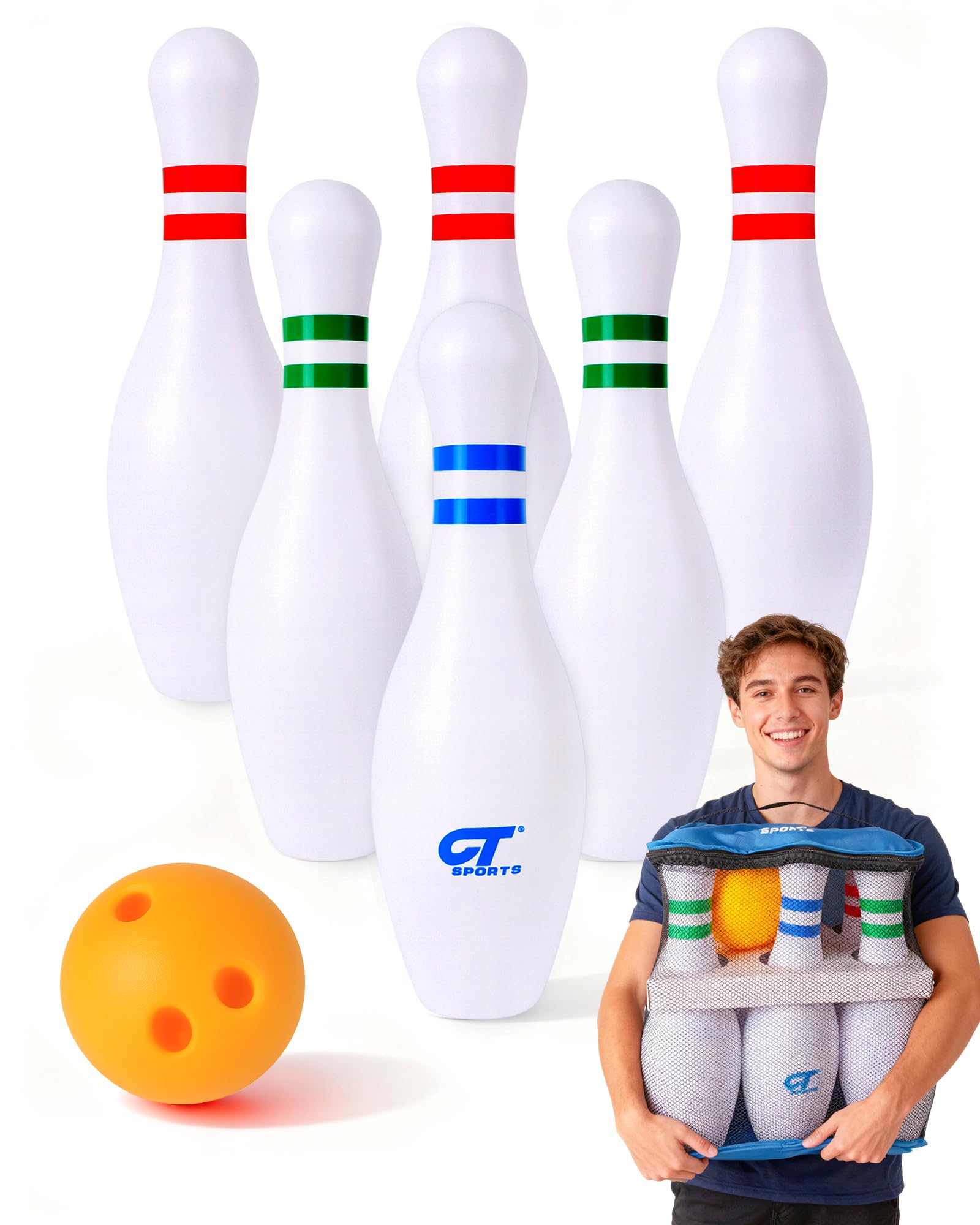 CT SPORTS Giant Bowling Set for Adults – 6 Jumbo Skittles Pins, Ball & Carry Bag – Outdoor & Indoor Lawn Game – Party Game for Garden, BBQ, Team Building & Events