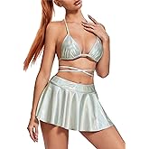 Rave Outfits for Women - EDC Sexy Music Festival Metallic Holographic Strappy Bikini Top Bottom Beach Skirt 3 pcs