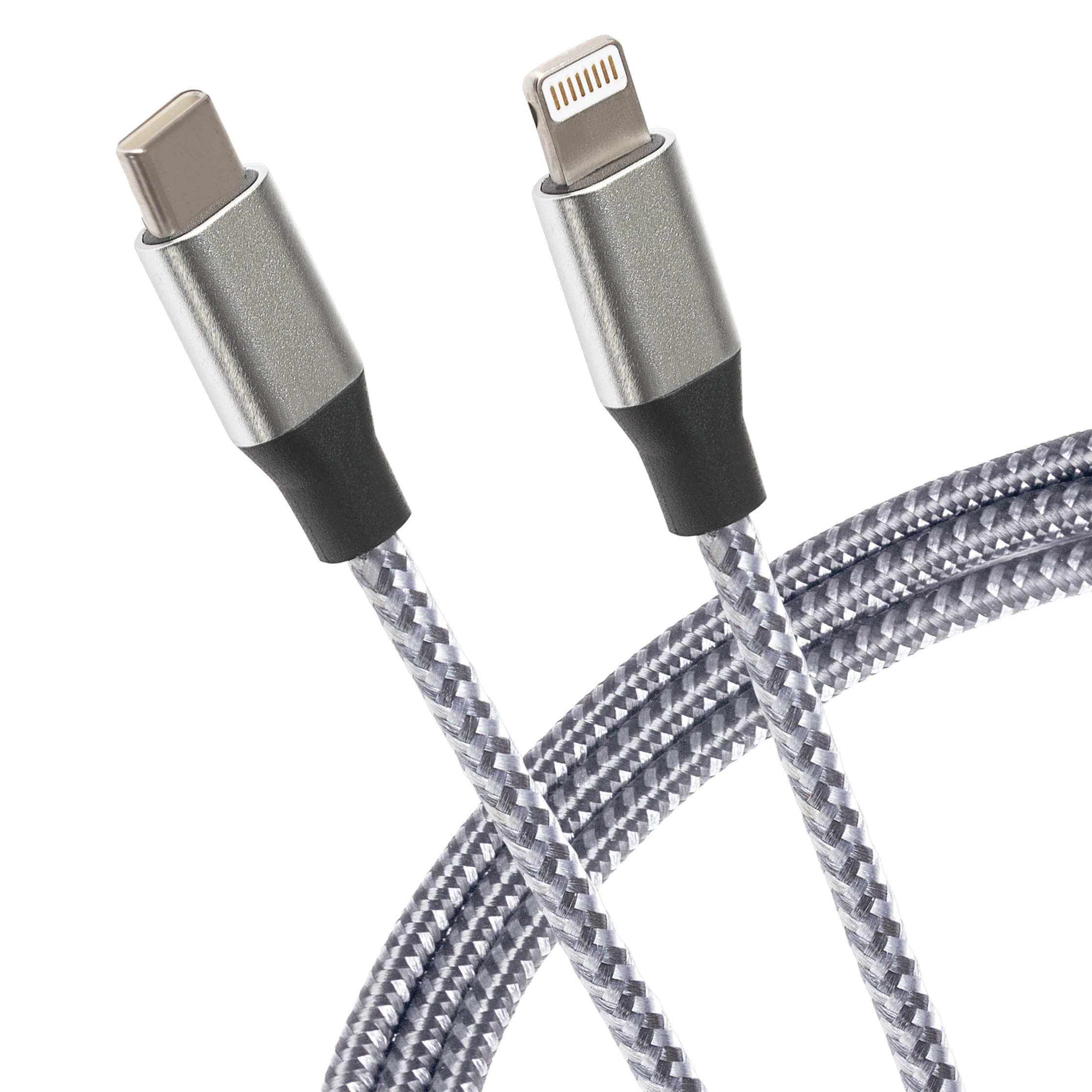 Maplin Braided Lightning to USB-C Cable Silver, 2m, Super Fast Charging 20W Power Delivery, for all iPhones 14, 13, 12, 11, SE, iPad Air/Mini, iPad, Airpods