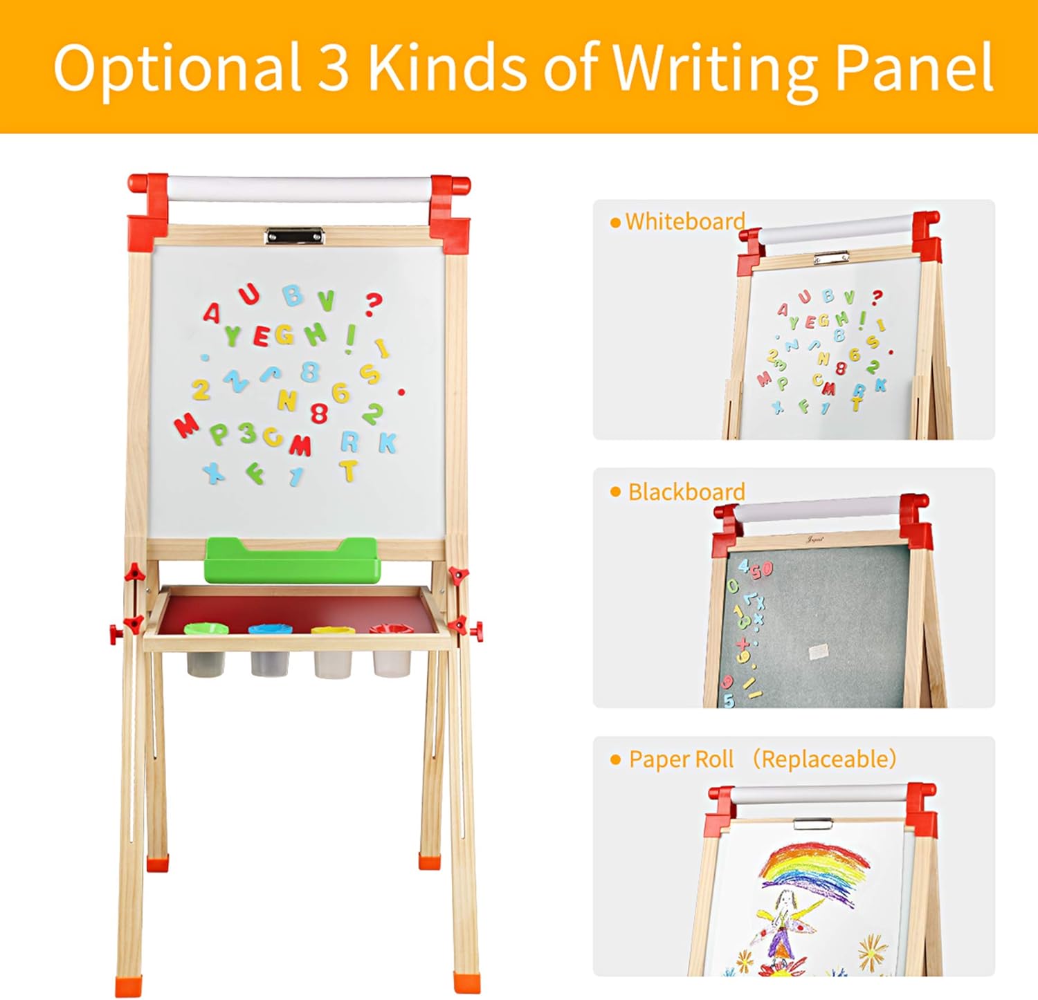 Joyooss Kids Wooden Easel with Extra Letters and Numbers Magnets, Adjustable Double Sided Drawing Board Whiteboard & Chalkboard Dry Easel Board, Children Art Easel for Boys Girls Painting Drawing: Toys & Games