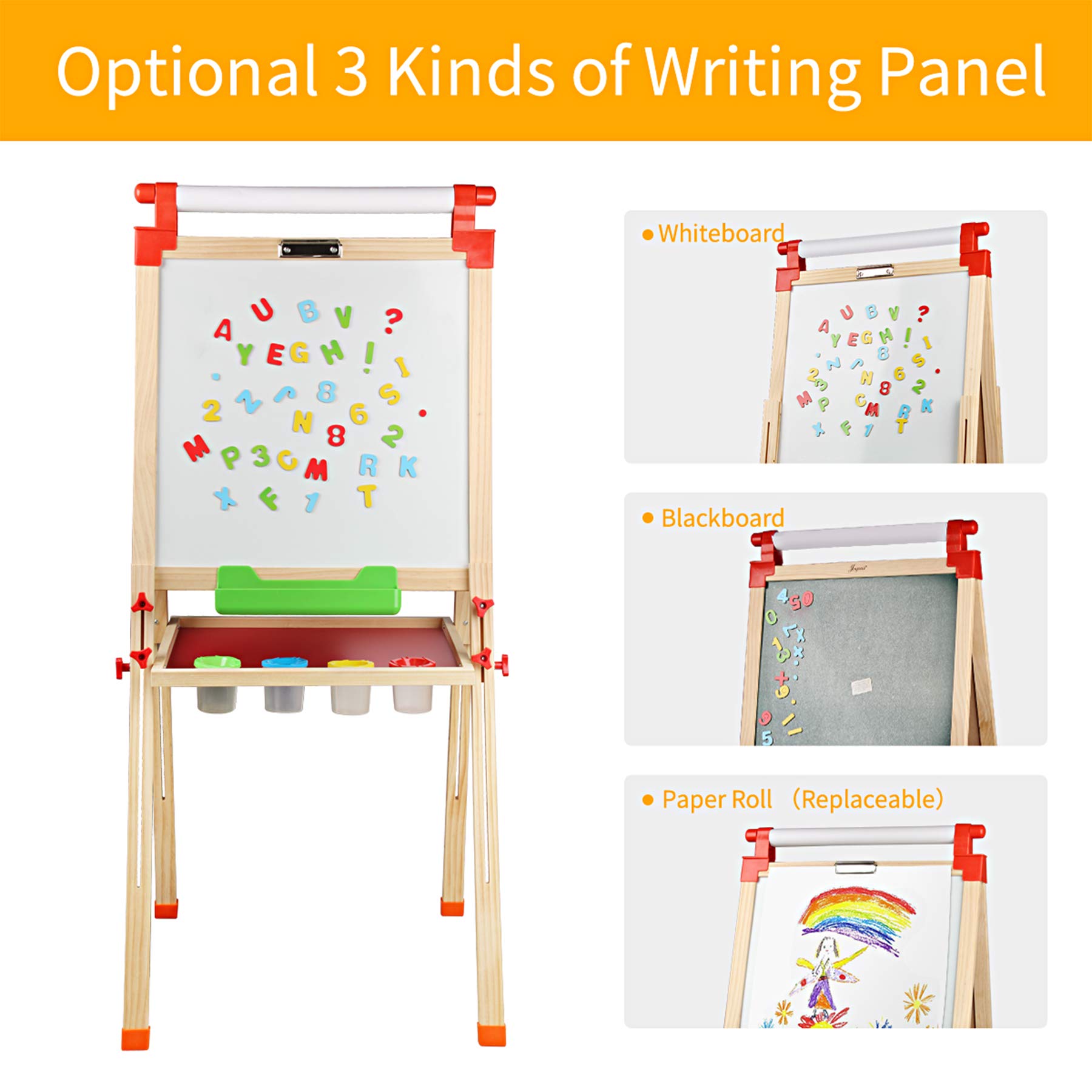 (similar) Joyooss Kids Wooden Easel with Extra Letters and Numbers Magnets, Adjustable Double Sided Drawing Board Whiteboard & Chalkboard Dry Easel Board, Children Art Easel for Boys Girls Painting Drawing