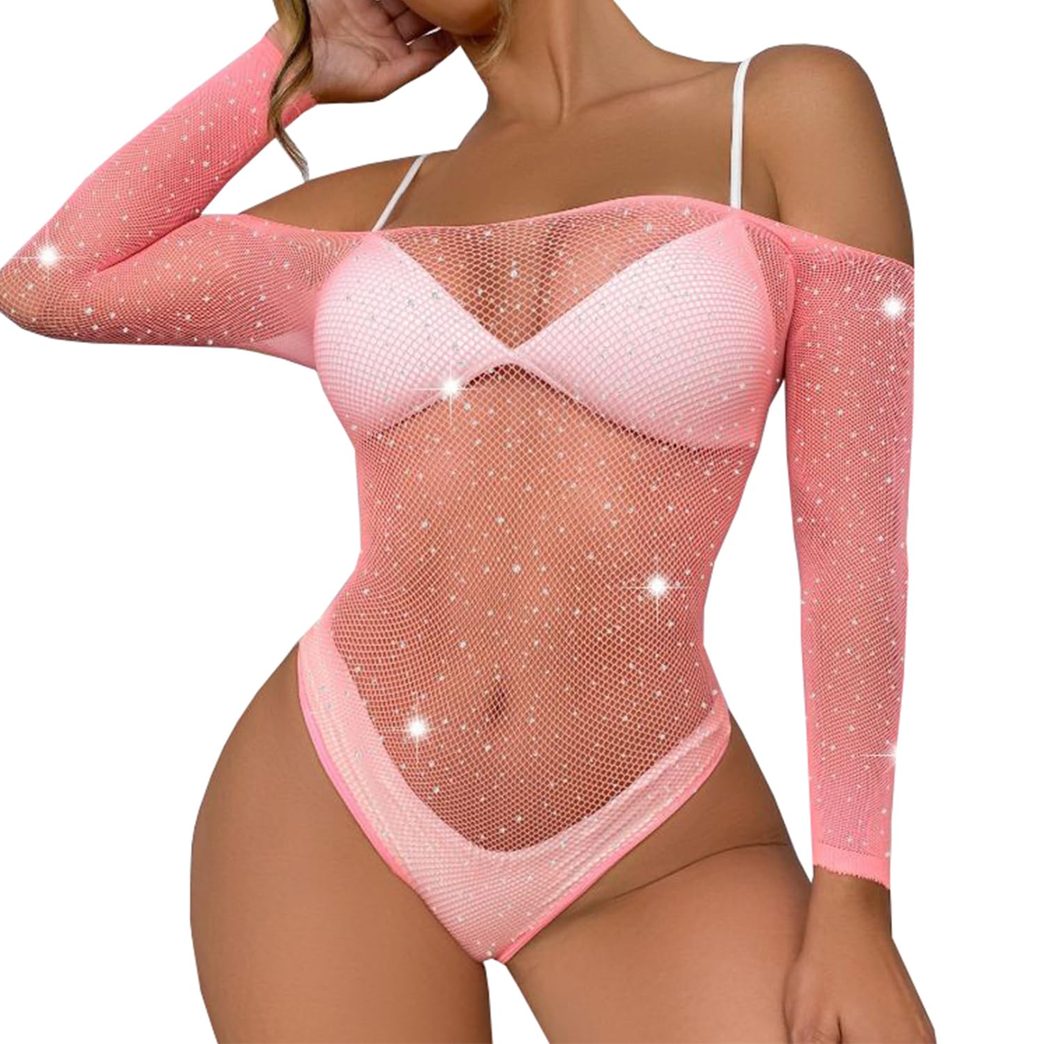 Photo 1 of Kimfeng Pink Rhinestone Fishnet Lingerie for Women Body Stockings Mesh Teddy Jumpsuits Dating Room Wear
