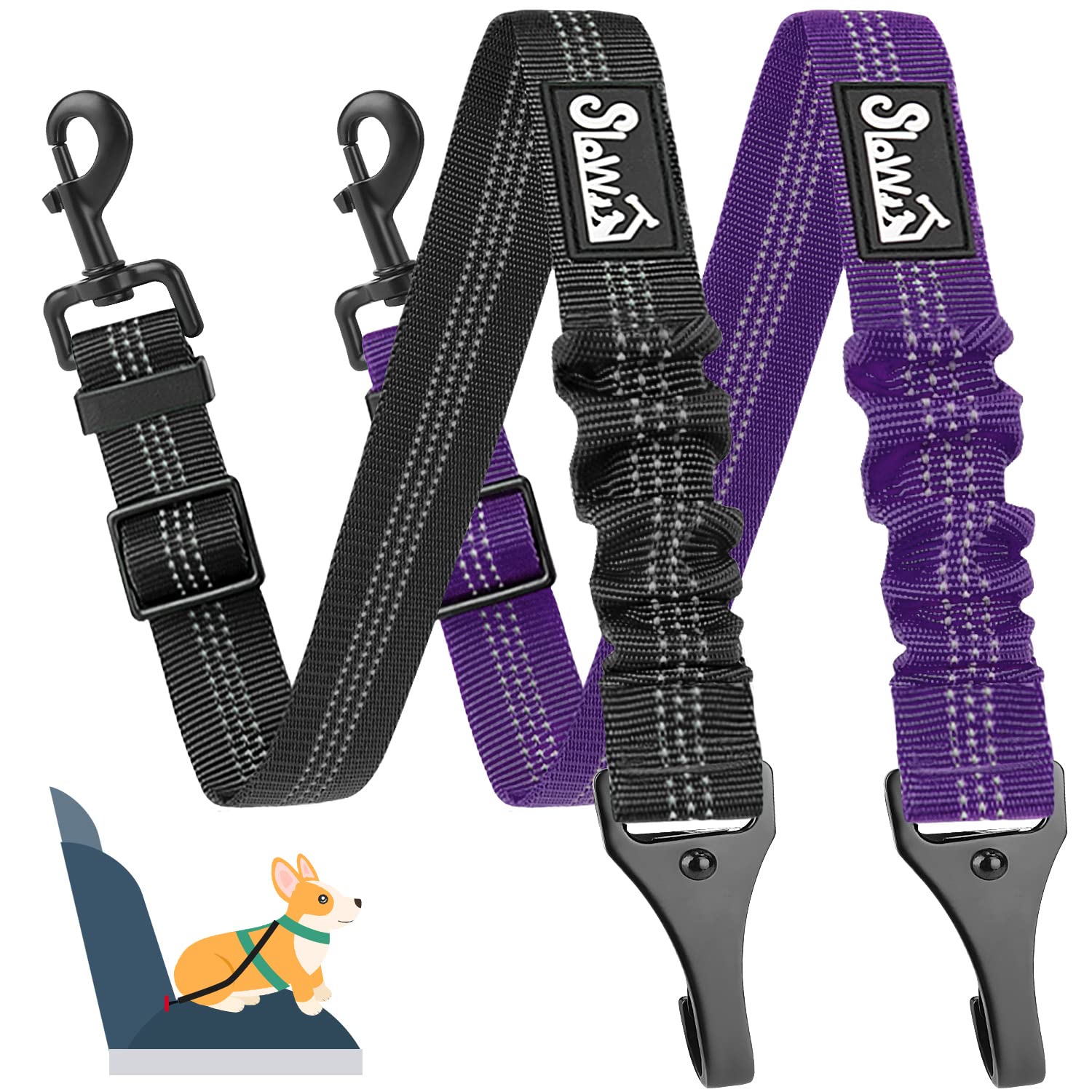 SlowTon Dog Seat Belt, 2 Packs Latch Bar & Isofix Dog Car Seatbelt with Anti-Shock Elastic Bungee Buffer, Adjustable Reflective Pet Car Safety Belt Tether for Dog Harness Universal Vehicle Travel