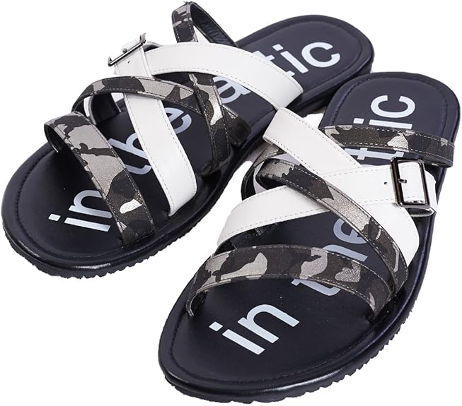 Amazon インジアティック カモフラ L サンダル メンズ ストラップ Pu レザー 迷彩 シルバー カモ 柄 白 ホワイト Intheattic メンズサンダル ストラップサンダル シャイニー カラー ベルト カモフラージュ シューズ 靴 夏 In The Attic インジアティック