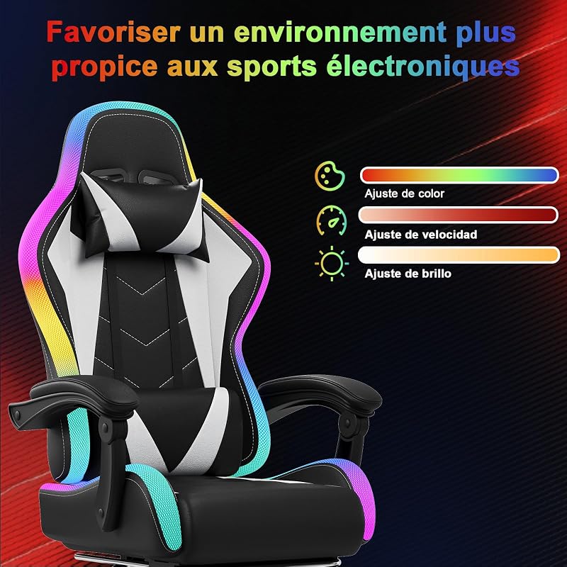 Silla de Gaming con LED, Cool Racing Gamer, Silla ergonómica de Oficina con función de Masaje, Respaldo Ajustable de 90 a 135°, con reposapiés telescópico, Silla de Gaming de 150 kg, Blanco — foto 4 de 8