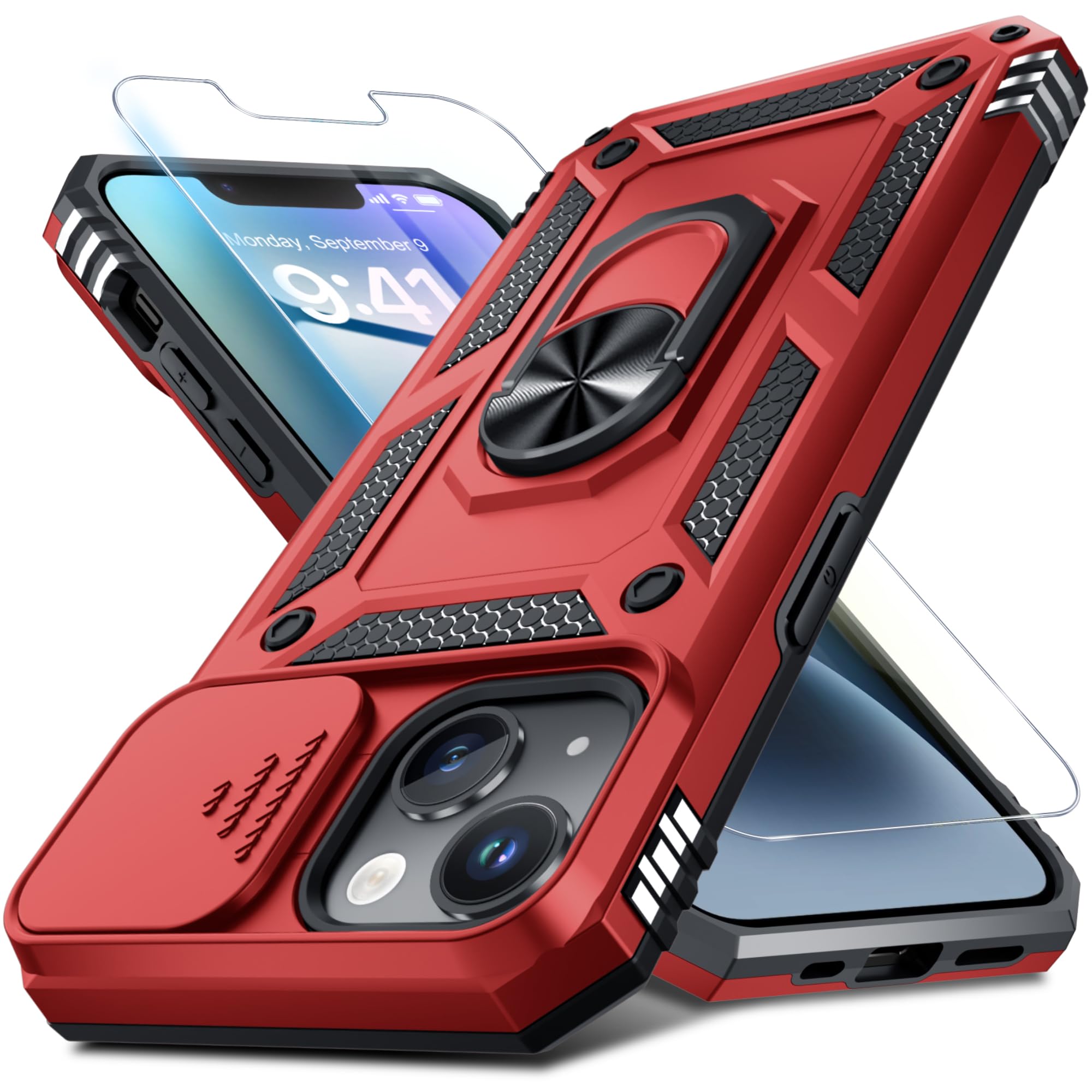 Janmitta Case for iPhone SE 2022(3rd)/SE 2020(2nd),iPhone 8/7 Phone Cover Built in Slide Camera Lens Cover+Screen Protector,Heavy Duty Shockproof Full Body PhoneCase with Ring Holder,Red