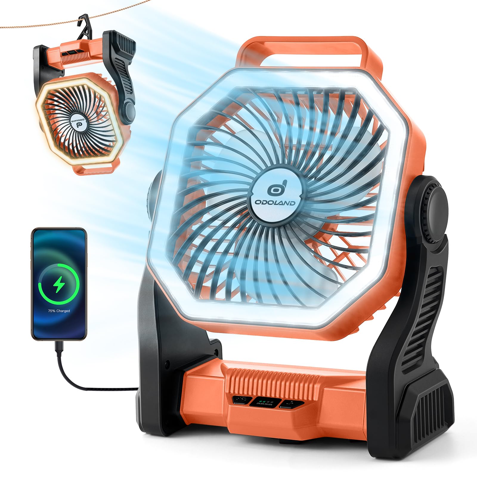Odoland Rechargeable Camping Fan, 20000mAh Battery Fans with LED Lantern for Tent Car Beach Storm, Portable Light Desk Cooling Fan for Picnic Power Outage Hurricane, Orange