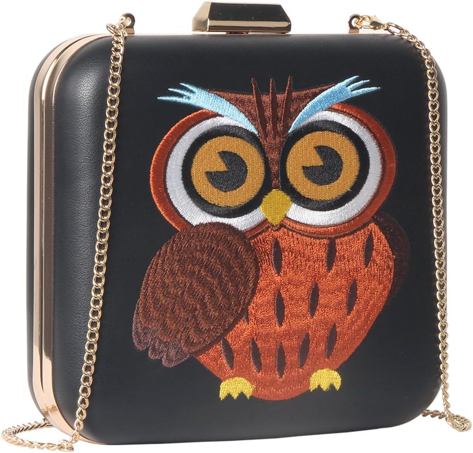 M10M15 Women Evening Clutch Bags Black Hardcase with Owl Embroidery Designs