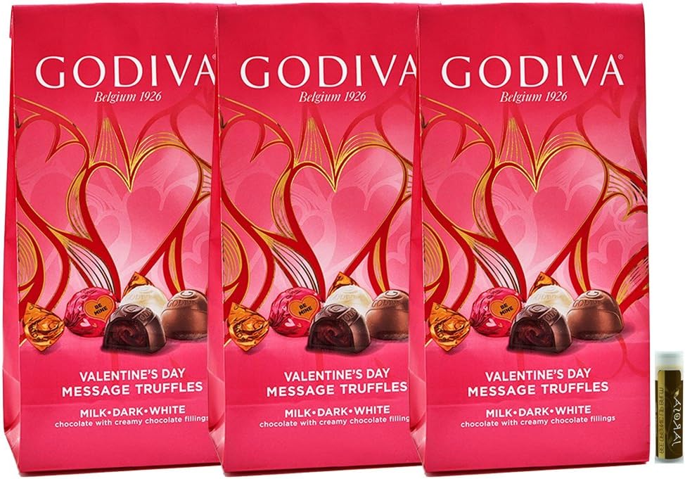 Godiva Valentine's Day Message Truffles - 3 Pack with a Jarosa Bee Organic Chocolate Bliss Lip Balm